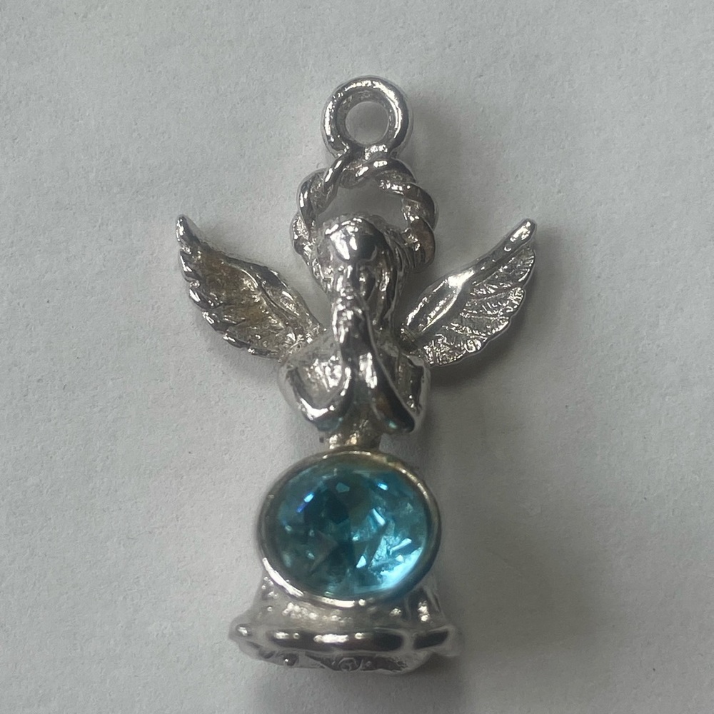 Vintage Sterling Silver 3D Angel pendant charm w blue stone